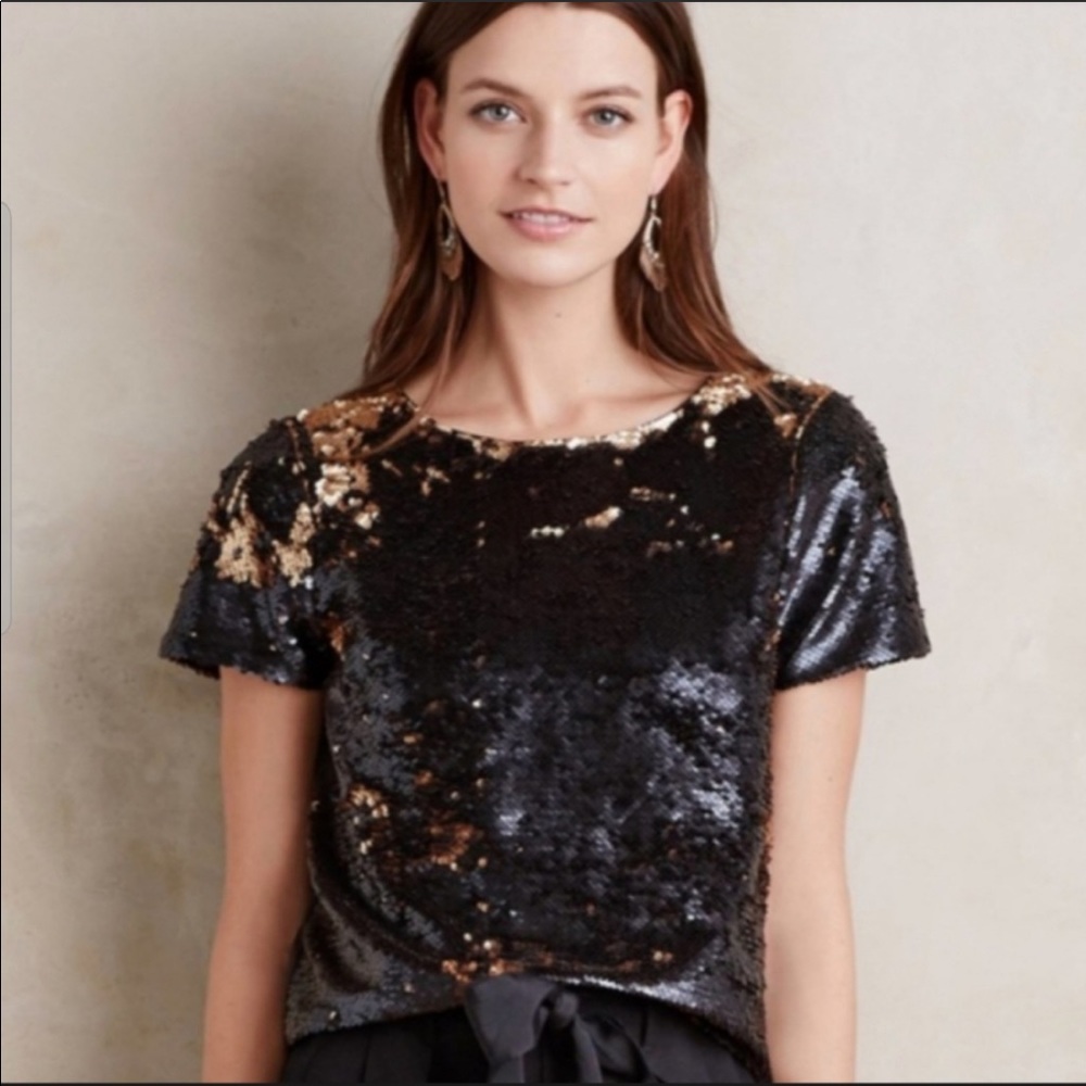 Anthropologie Black and Gold Sequin Short-Sleeve Top